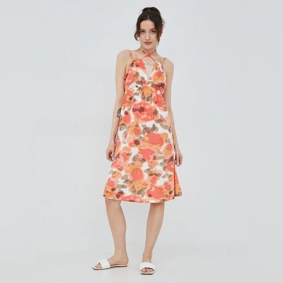 Vero Moda Women's dress VMJOA SL ABK DRESS WVN GA Size S in Orange/White NWT - Picture 2 of 9